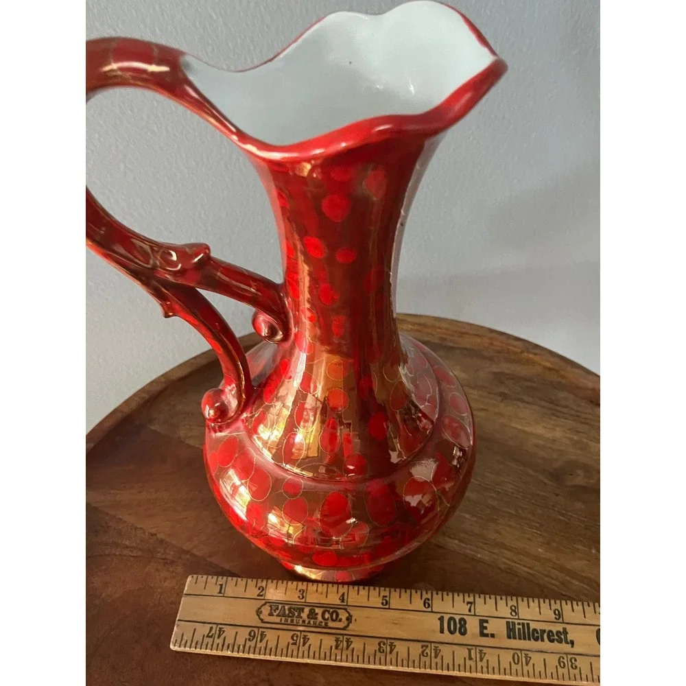 Vintage‎ Bold Red and Gold Vase Pitcher Ewer 1981 MCM vibe signd